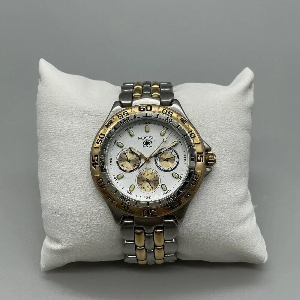 Vintage Fossil Blue BQ-8774 Mens Watch 40mm Two Tone Bracelet New Battery 7.5